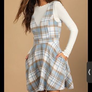 Autumn Strolls Light Blue Multi Plaid Skater Dress With Pockets
